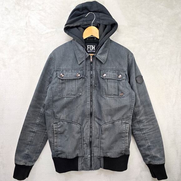 Fox Racing Hooded Jacket Mens Medium Gray Embroidered Vtg Y2K Motocross - Picture 1 of 15